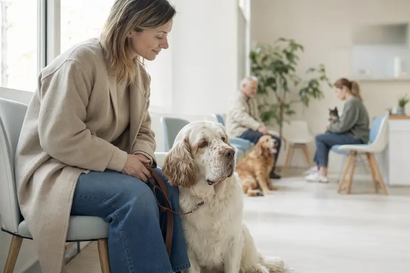 Ein Clumber-Spaniel sitzt ruhig neben seinem Besitzer im hellen Wartezimmer einer modernen Tierarztpraxis.